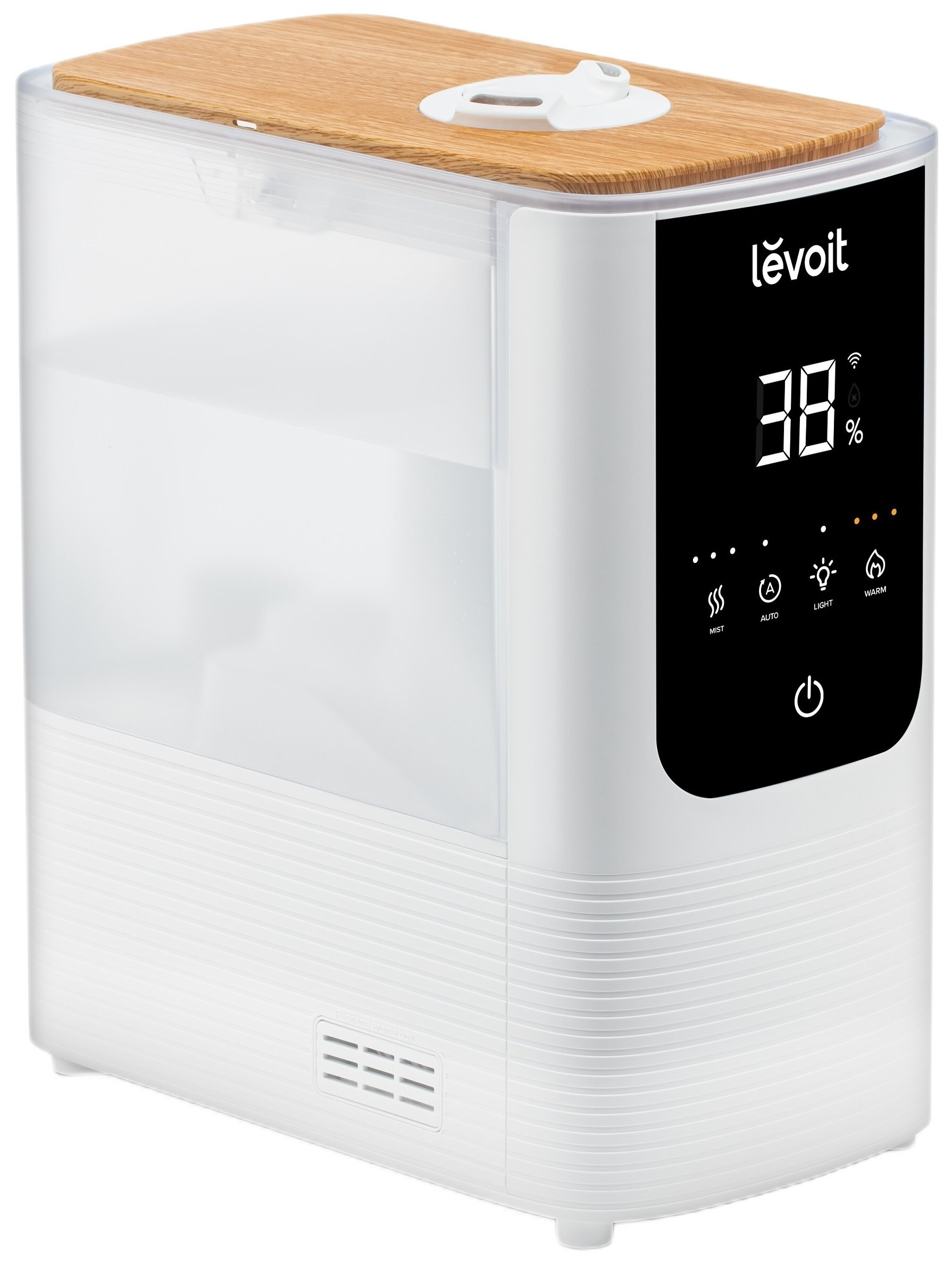 Biały nawilżacz powietrza z drewnianym blatem i czarnym panelem sterowania, pokazującym 38% wilgotności. Posiada ustawienia zasilania, mgły, auto, światła i ciepła.