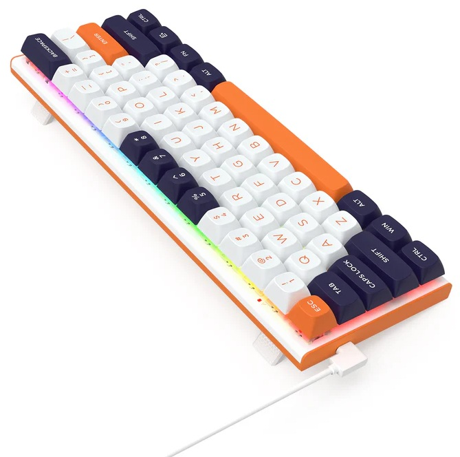 Klawiatura kompaktowa z białymi, pomarańczowymi i czarnymi klawiszami. Klawiatura ma białą ramę z pomarańczowym akcentem i paskiem LED.