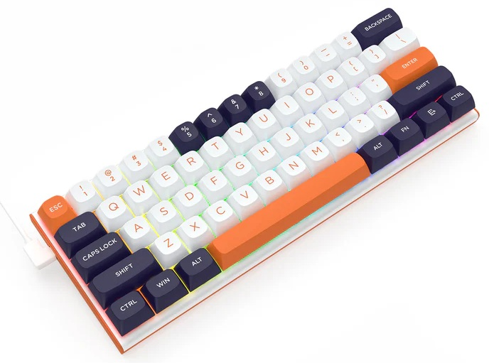 Klawiatura mechaniczna z białymi, pomarańczowymi i czarnymi klawiszami. Klawisze są ułożone w standardowym układzie QWERTY, na białej podstawie.