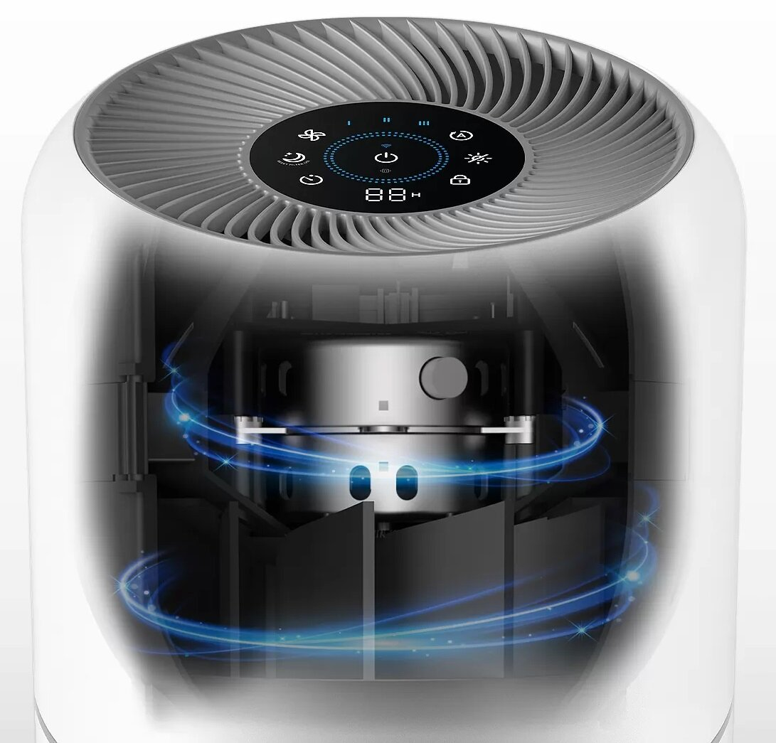 Biało-szary oczyszczacz powietrza z cyfrowym wyświetlaczem 88H. Wewnątrz widoczne niebieskie linie przepływu powietrza.
