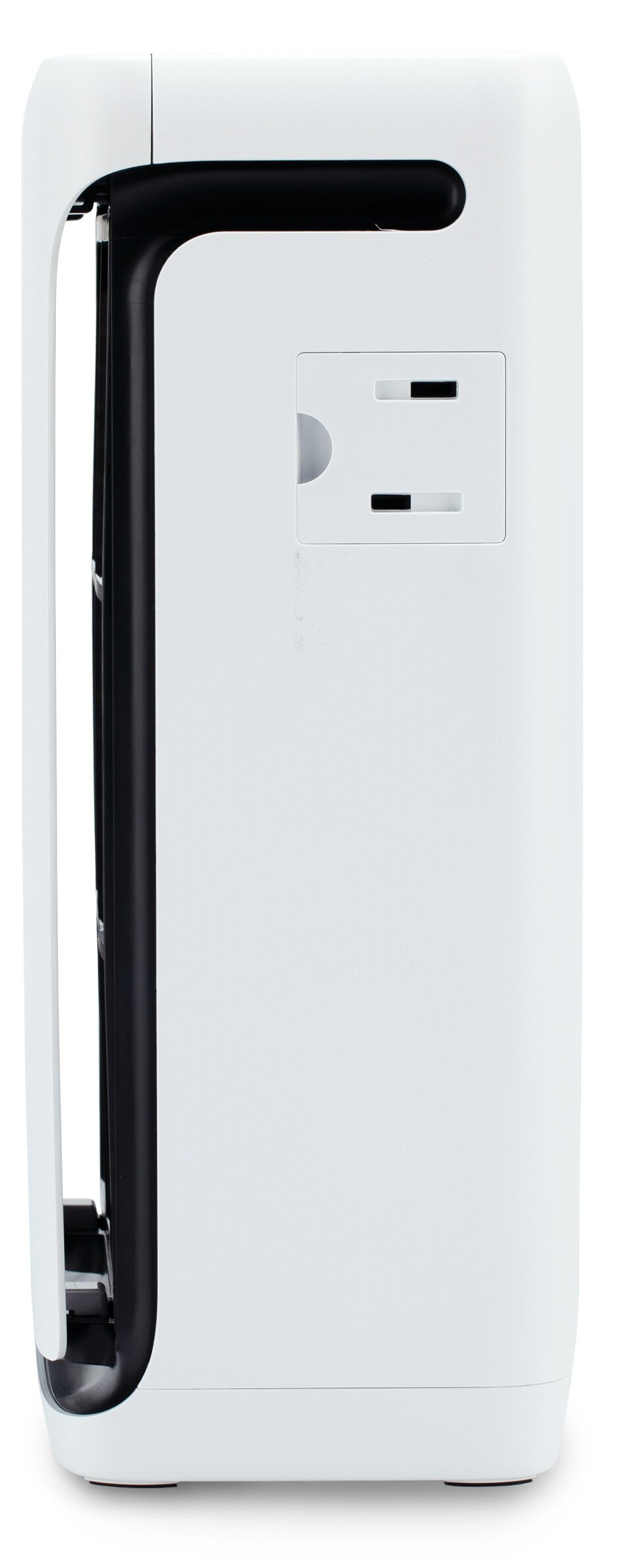 Biały oczyszczacz powietrza z czarnymi akcentami, uchwytem i gniazdkiem elektrycznym. Stoi na białym tle.