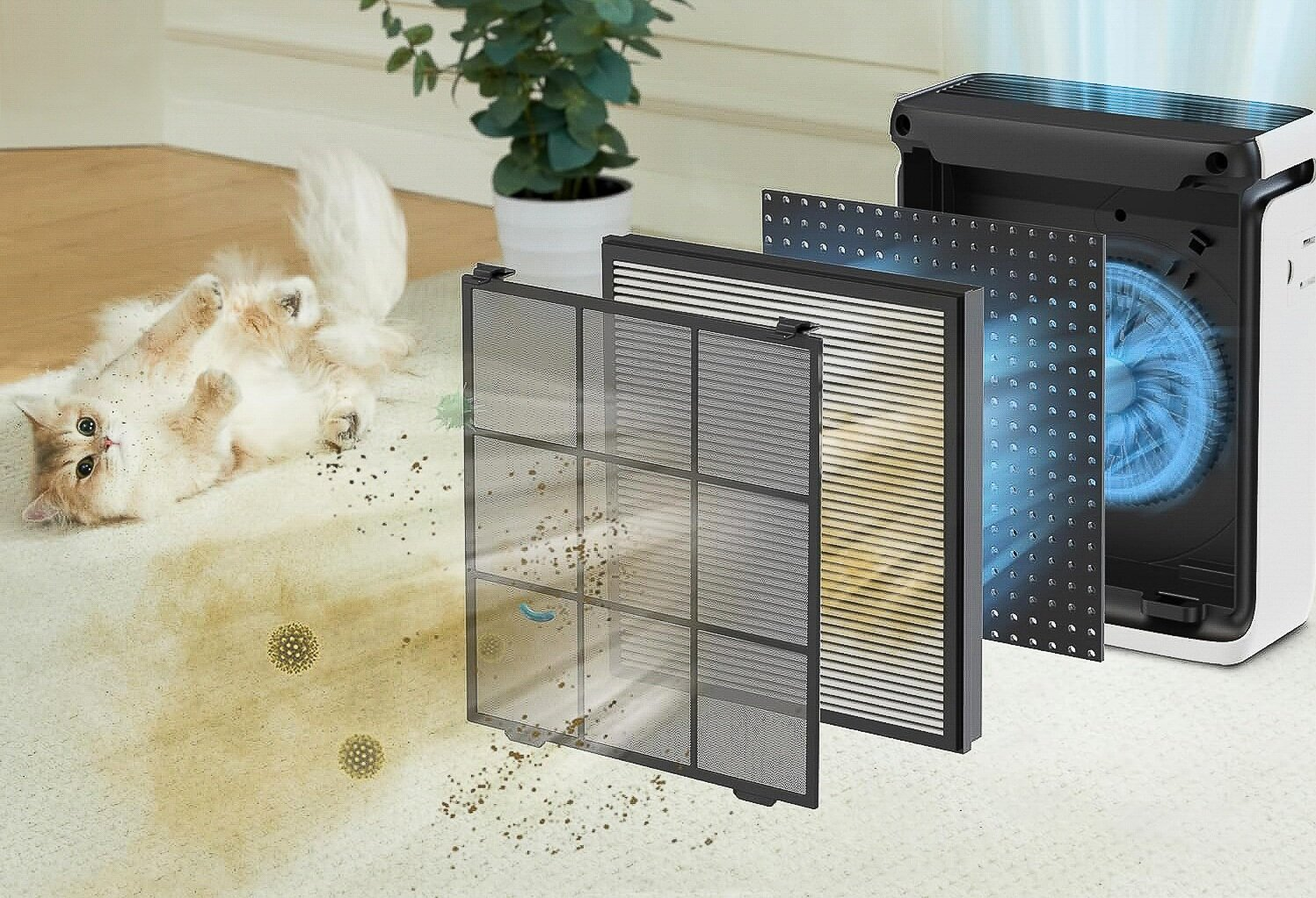 Kot leży na dywanie obok oczyszczacza powietrza pokazującego filtry. Filtry znajdują się przed oczyszczaczem, z cząsteczkami kurzu.