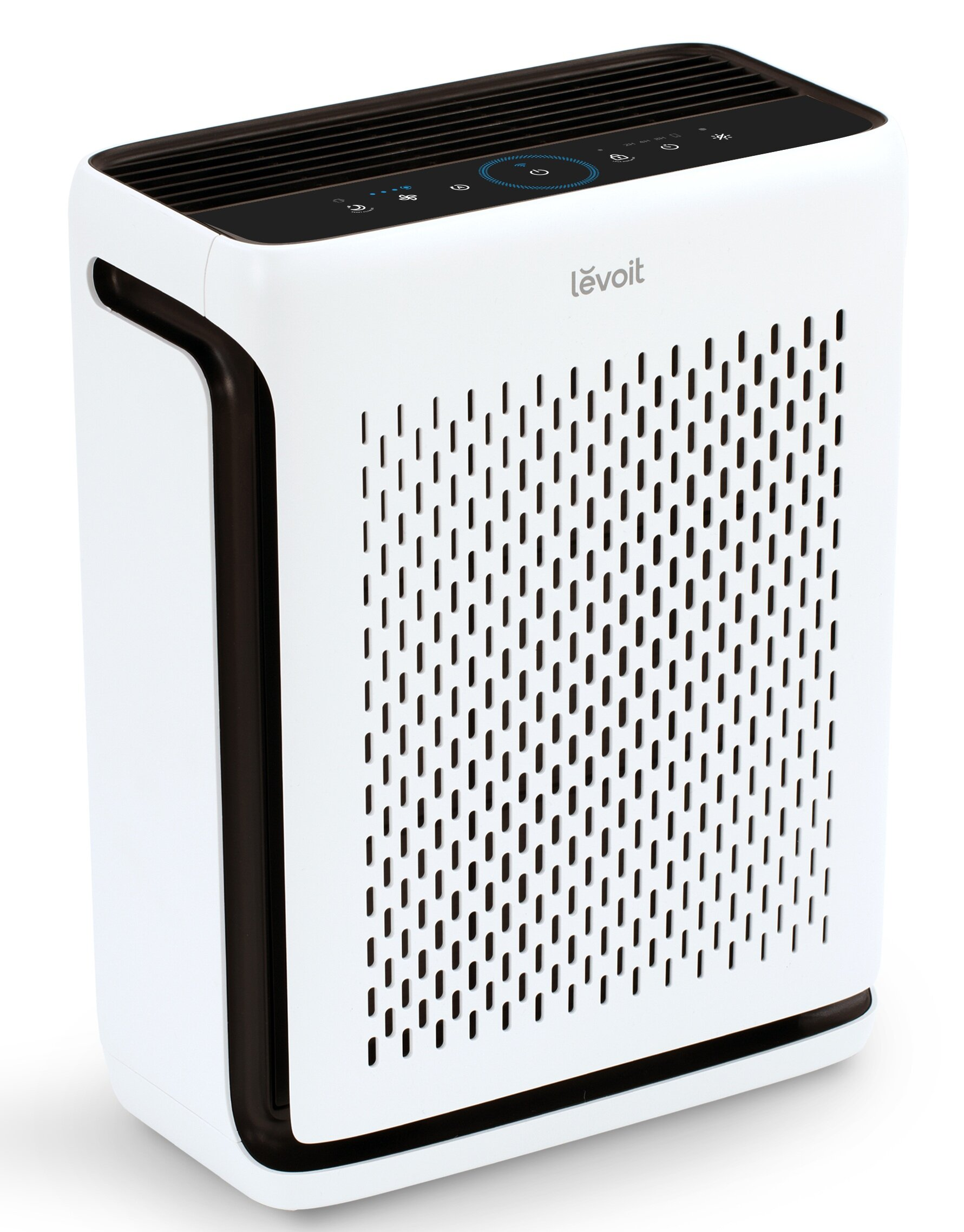 Biały i czarny oczyszczacz powietrza Levoit. Ma perforowany panel przedni i panel sterowania na górze.