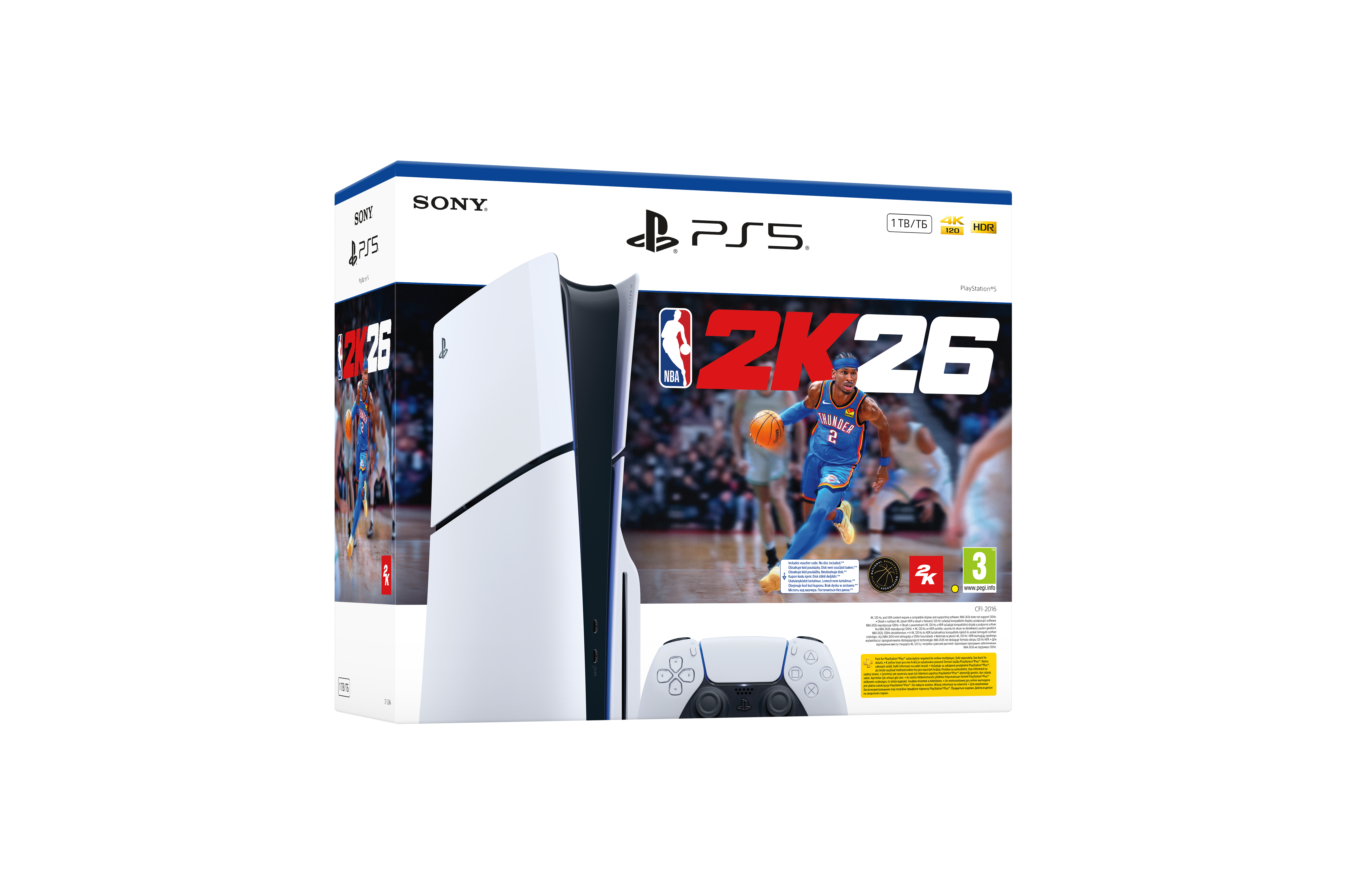 Pudełko PlayStation 5 z grą NBA 2K26, obrazem koszykarza i białym kontrolerem.