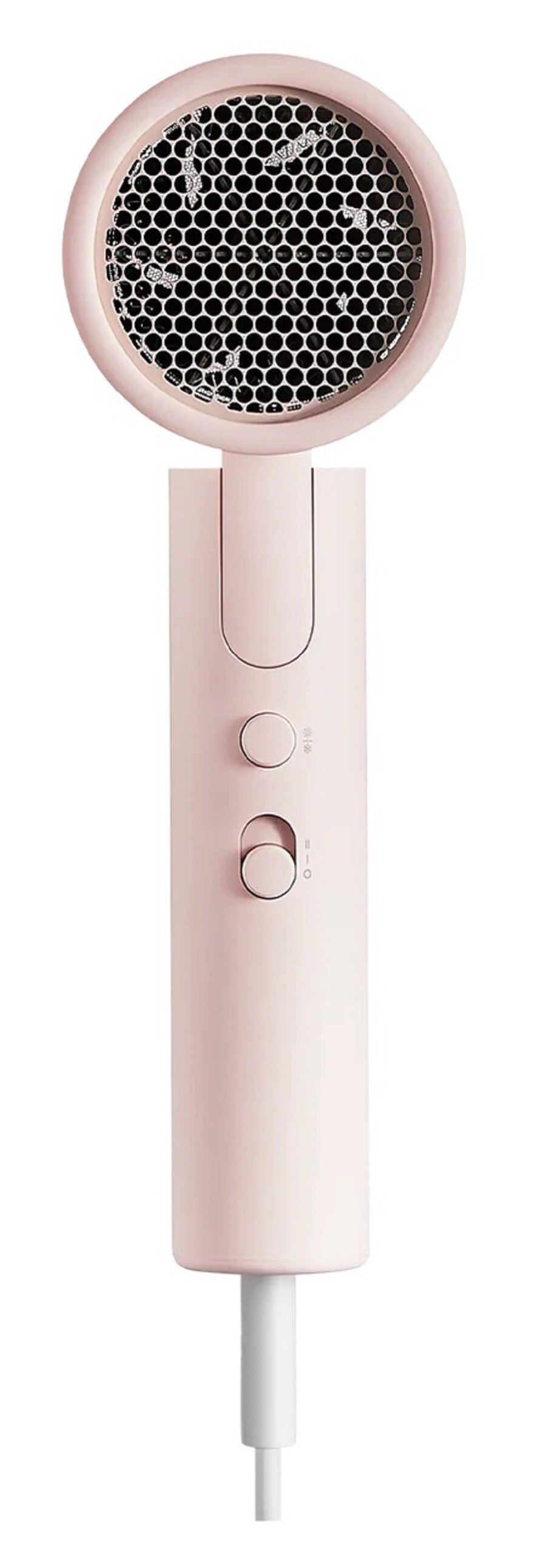 Jasnoróżowa suszarka do włosów z okrągłą główką i uchwytem. Ma przyciski i biały przewód.