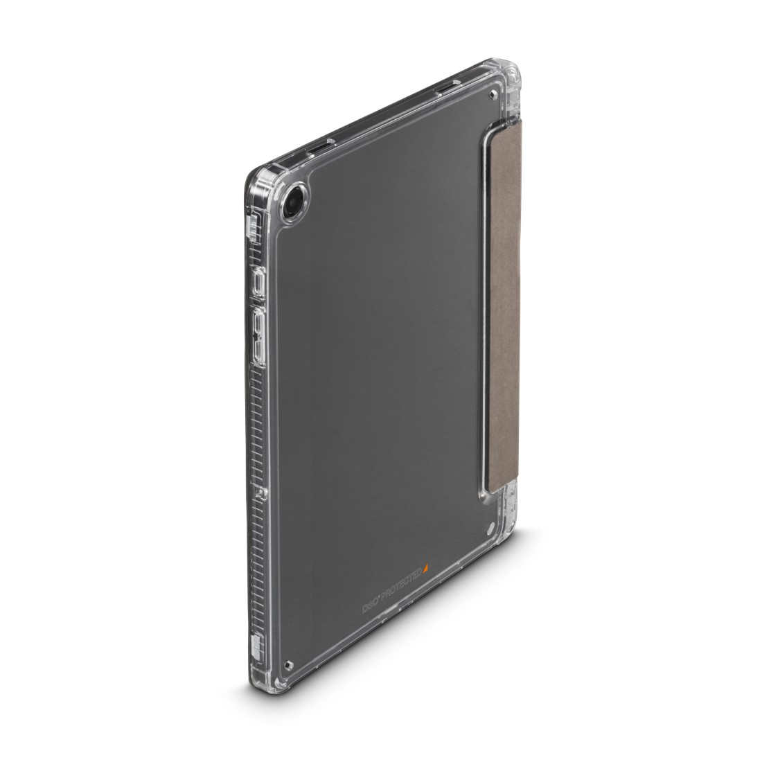 Eine transparente Schutzhülle für ein Tablet. Sie hat einen dunklen Bildschirm und eine braune Abdeckung. Die Hülle liegt auf einer weißen Oberfläche.