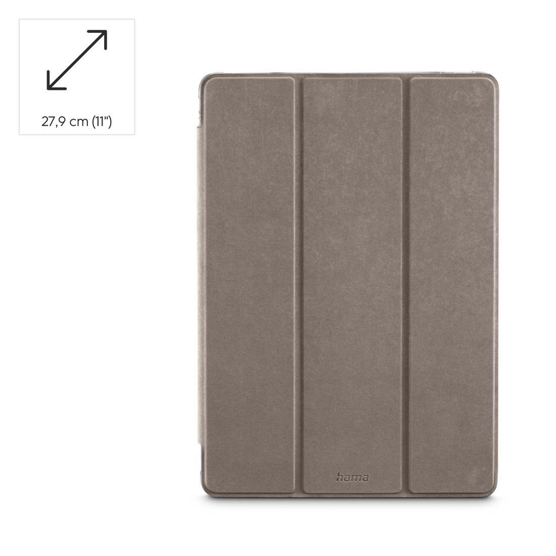Eine braune Tablethülle mit drei Abschnitten, geschlossen. Das Hama-Logo befindet sich unten rechts. Eine Größenangabe befindet sich oben links.