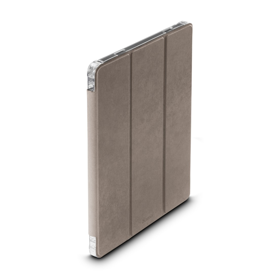 Eine beige Tablet-Hülle mit klarem Kunststoffrahmen. Die Hülle ist gefaltet und zeigt drei Paneele. Das Hama-Logo ist sichtbar.