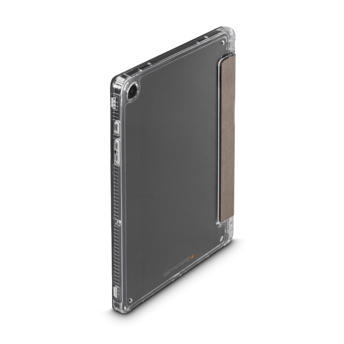 Eine transparente Tablethülle mit braunem Cover. Das Tablet ist grau und die Hülle ist klar. Der Hintergrund ist weiß.