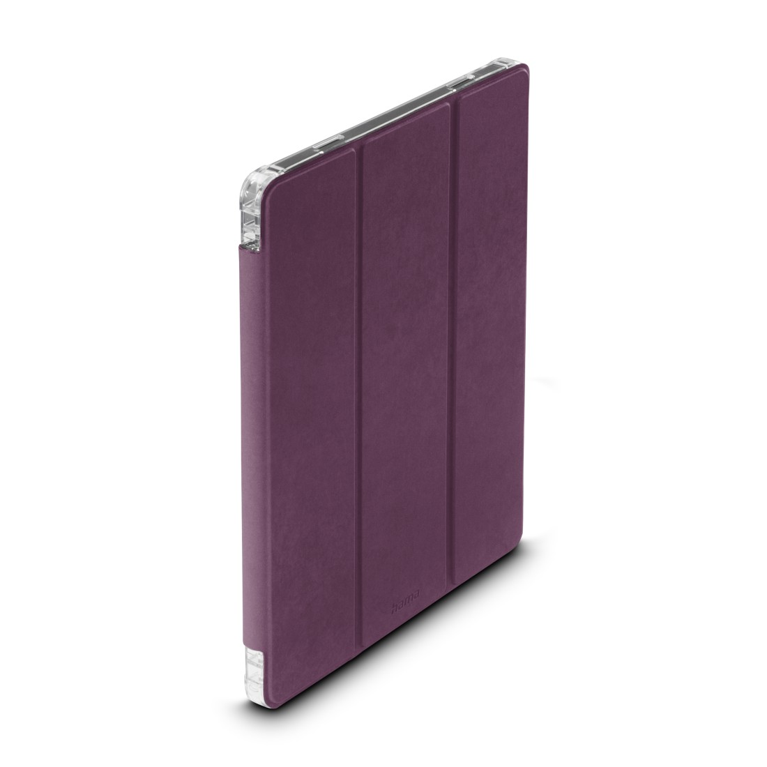 Eine lila Tablet-Hülle mit klarem Kunststoffrahmen und Faltendesign. Die Hülle befindet sich auf weißem Hintergrund, nach rechts abgewinkelt.