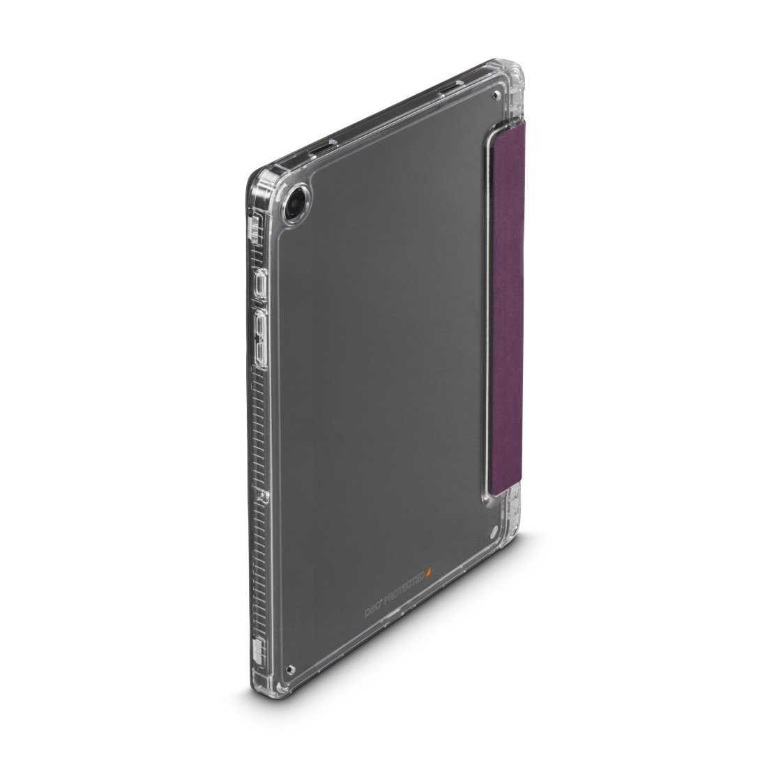 Transparente Tablet-Hülle mit dunklem Bildschirm und lila Abdeckung. Die Hülle ist teilweise transparent und zeigt das Tablet.