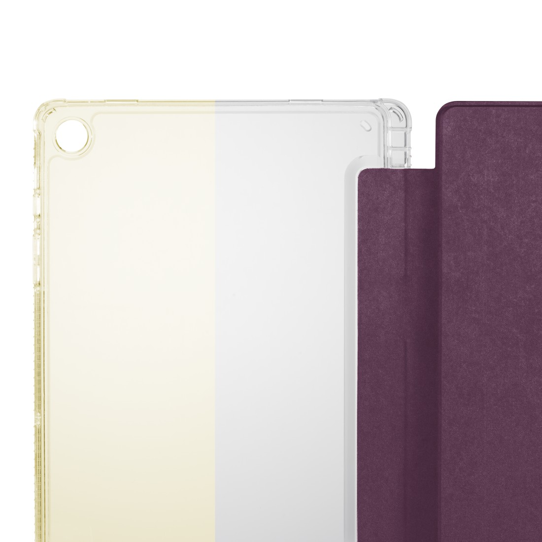 Eine transparente Tablethülle mit lila Abdeckung. Das Tablet befindet sich in der Hülle, der Bildschirm ist sichtbar. Die Hülle befindet sich auf weißem Hintergrund.
