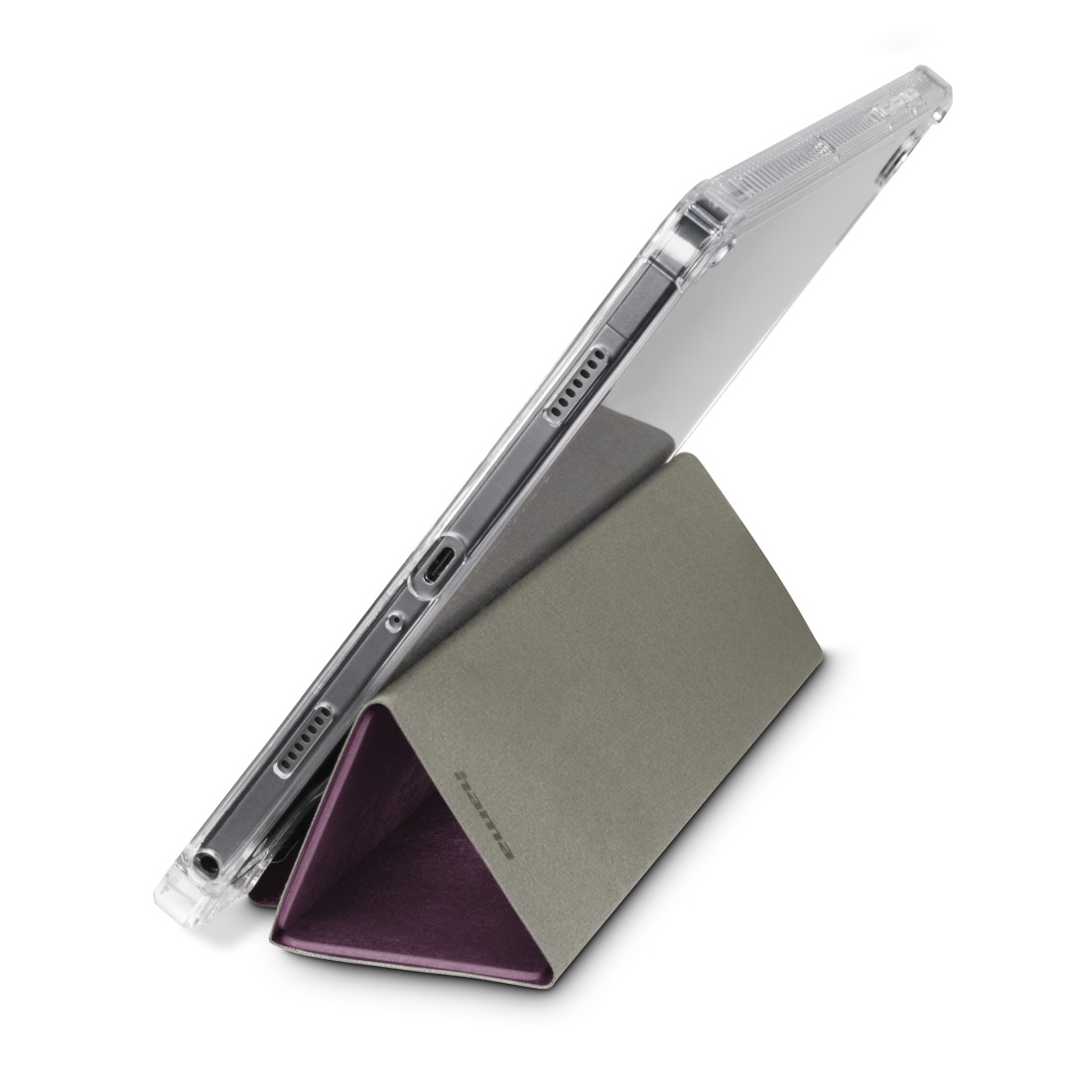 Tablet in einer transparenten Hülle, aufgestellt von einem grau-violetten Ständer. Das Hama-Logo ist sichtbar.