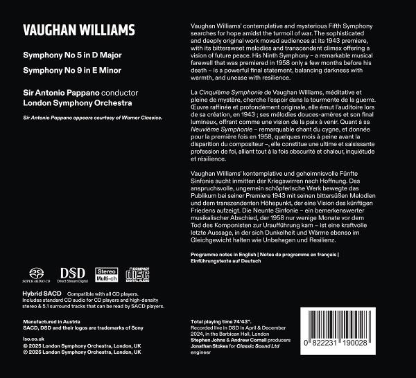 CD-Cover mit Angaben zu Vaughan Williams' Symphonie. Text auf schwarzem Hintergrund, unten ein Barcode.