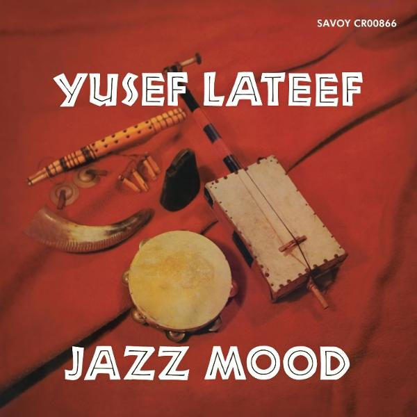 Albumcover mit Musikinstrumenten: Flöte, Horn, Tamburin und Saiteninstrument. Titel: Yusef Lateef Jazz Mood.