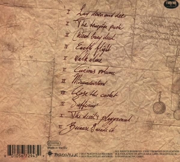 Albumcover mit handschriftlicher Titelliste auf gealtertem Papier. Enthält Titel wie "Lay down and die" und eine Zeichnung an der Seite.