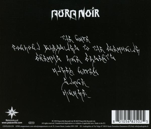 Schwarzes Albumcover mit weißem Text. Oben: AURA NOIR. Darunter handschriftliche Songtitel. Unten links: Peaceville-Logo. Unten rechts: Barcode.