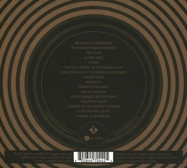 Ein CD-Cover hat ein dunkelbraunes kreisförmiges Design. Text listet Songtitel wie 'Bracelets of Fingers' und Details auf.