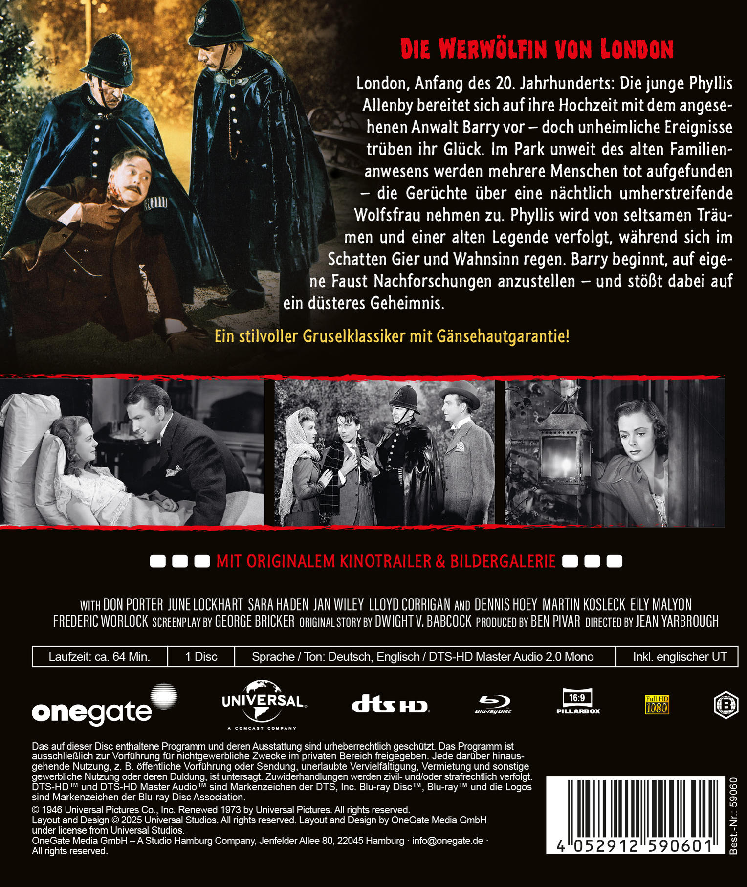Filmcover mit Titel 'Die Werwölfin von London'. Szenenfotos und Text beschreiben Handlung und Credits.