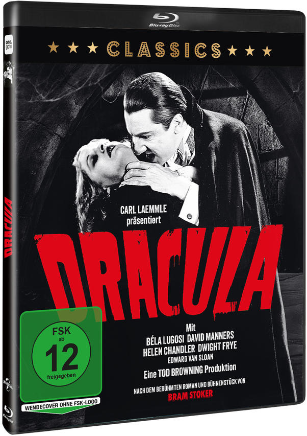 Dracula-Filmcover. Ein Mann beißt einer Frau in den Hals. Titel DRACULA in Rot. Sterne und Blu-ray Disc Logo sind sichtbar.