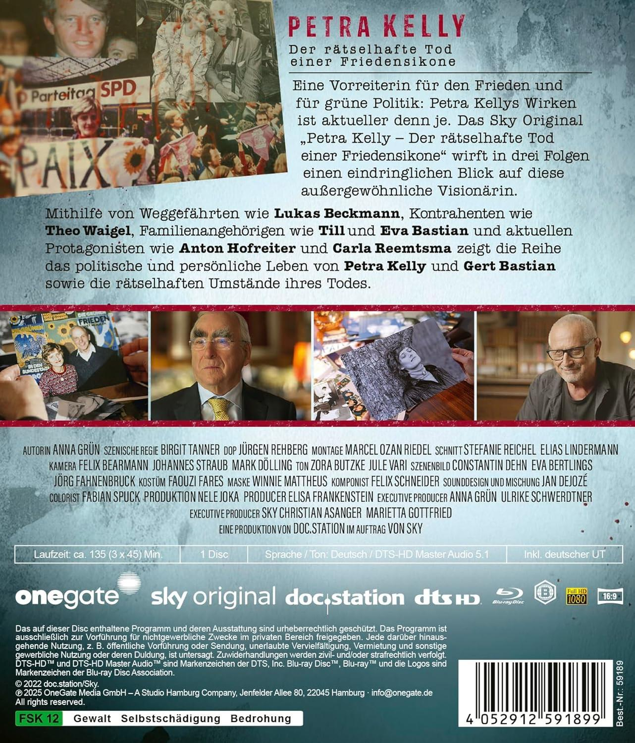 DVD-Cover mit dem Titel 'PETRA KELLY'. Der Hintergrund zeigt Bilder, darunter Personen und Text über Frieden.