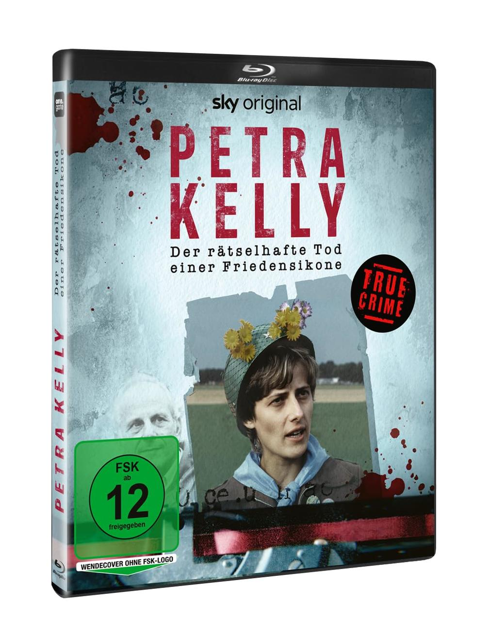 Blu-ray-Disc-Cover für „Petra Kelly“. Enthält eine Frau mit Helm und Blumen, Text und ein „True Crime“-Abzeichen.