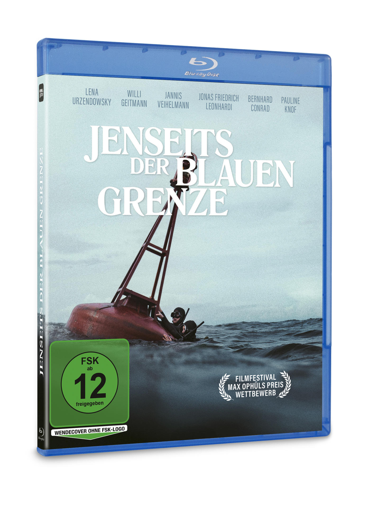Blu-ray-Cover von 'Jenseits der Blauen Grenze'. Es zeigt eine rote Boje, Taucher und den Filmtitel.