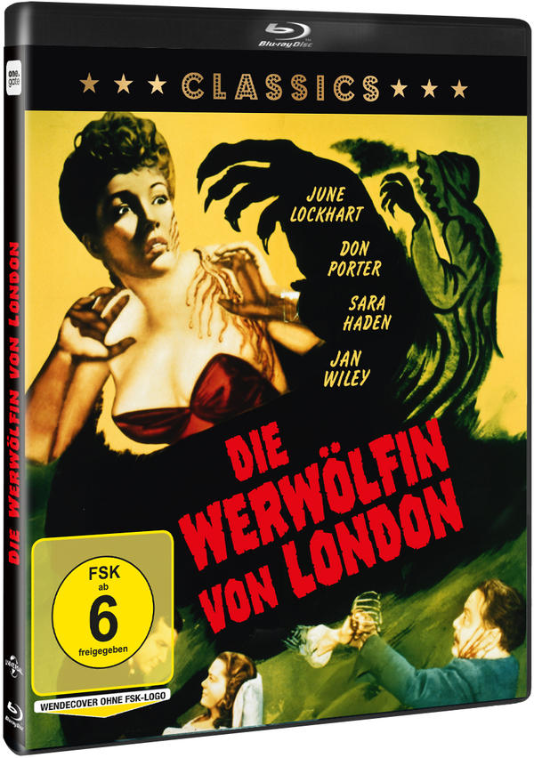 Blu-ray-Cover für Die Werwölfin von London. Eine Frau wird von einer gekrallten Hand angegriffen. Der Titel ist rot, mit den Namen der Schauspieler.
