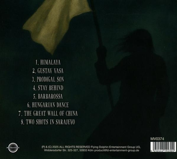 Albumcover mit einer silhouettierten Figur, die eine Fahne hält. Text listet Songtitel, Albuminfo und einen Barcode.