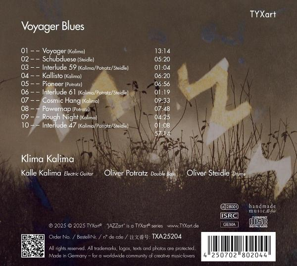 CD-Cover. Titel: Voyager Blues. Künstler: Klima Kalima. Trackliste, Credits und Copyright-Informationen sind angezeigt. Ein stilisiertes 'Z' ist sichtbar.