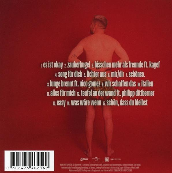 Albumcover mit nacktem Mann von hinten, roter Hintergrund, Songtitel aufgelistet. Barcode und Logos unten.
