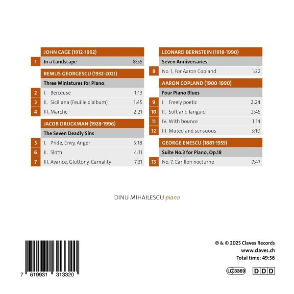 CD-Cover mit Titelliste und Künstlernamen, darunter John Cage und Leonard Bernstein. Mit Barcode und Claves Records Logo.