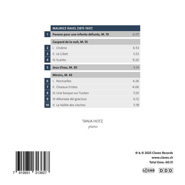 CD-Hülle mit einer Liste von Maurice Ravels Musikstücken, gespielt von Tanja Hotz. Enthält die Gesamtspielzeit und Copyright-Informationen der CD.