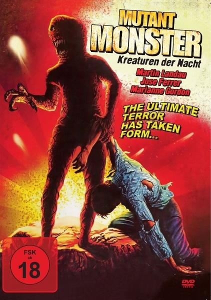 Ein Monster hält einen Mann fest. Der Titel lautet Mutant Monster. Der Hintergrund ist rot und gelb. Ein FSK 18-Label ist in der Ecke.