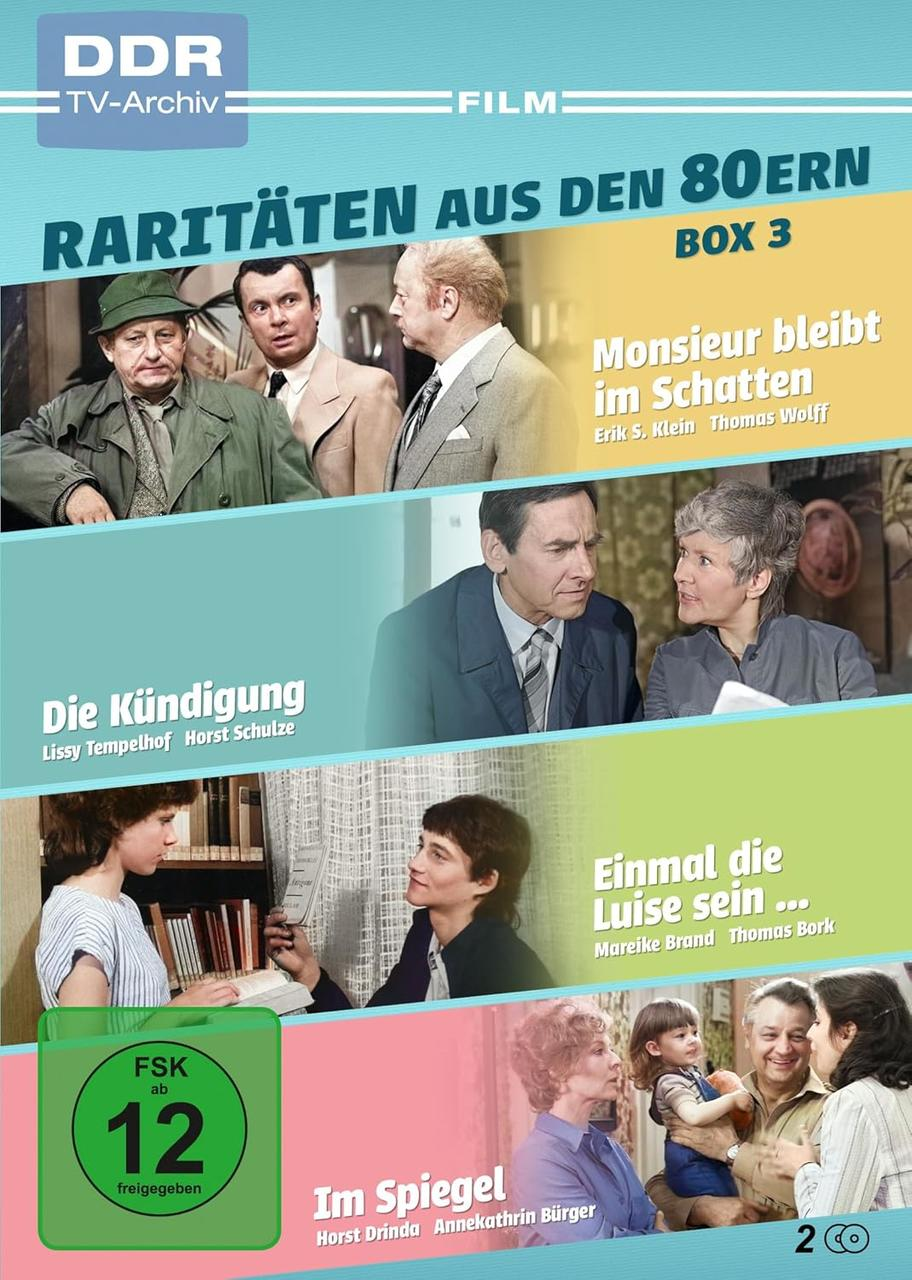 DVD-Cover mit Bildern von Schauspielern aus den 80er-Jahren. Titel sind 'Monsieur bleibt im Schatten', 'Die Kündigung'.