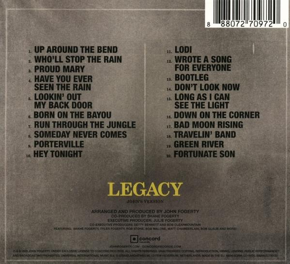 CD-Cover mit Songtiteln wie 'Proud Mary' und 'Fortunate Son'. Der Künstler ist John Fogerty, Album 'Legacy'.