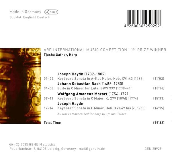 CD-Cover mit Details einer musikalischen Darbietung. Es listet Komponisten, Stücke und eine Harfenistin, Tjasha Gafner. Der Hintergrund zeigt ein verschwommenes Instrument.