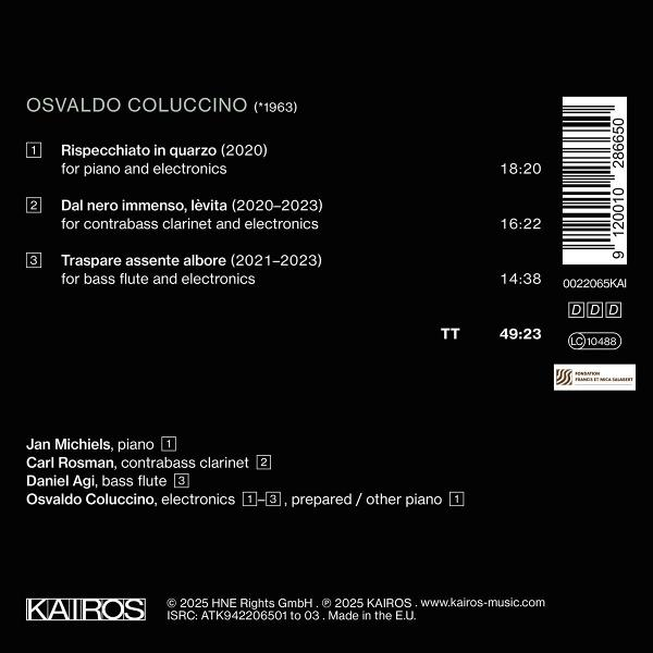 Albumcover mit schwarzem Hintergrund. Text listet musikalische Kompositionen, Dauer und Credits für Osvaldo Coluccinos Werke auf.