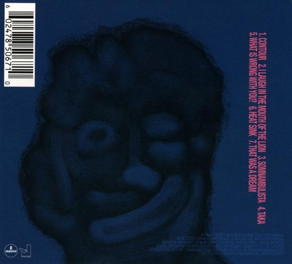 Albumcover mit dunkelblauem Hintergrund. In der Mitte eine verschwommene Gesichtsillustration. Text rechts listet Songtitel auf. Links ist ein Barcode.