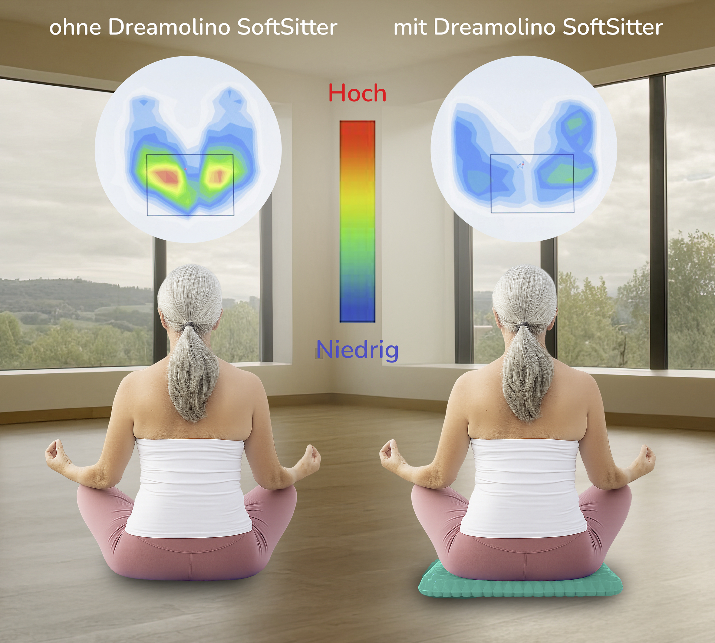 Zwei Frauen in Yoga-Pose; eine mit, eine ohne Polster. Druckkarten zeigen Unterschiede im Körperdruck.