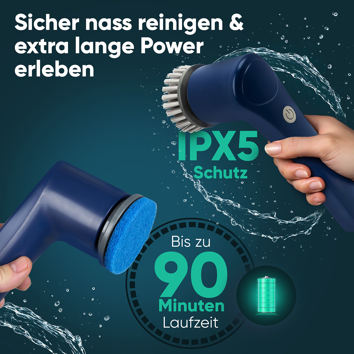 Eine blaue Reinigungsbürste wird von einer Hand gehalten. Das Bild zeigt Wassertropfen, ein Akkusymbol und Text für lange Leistung und IPX5-Schutz.