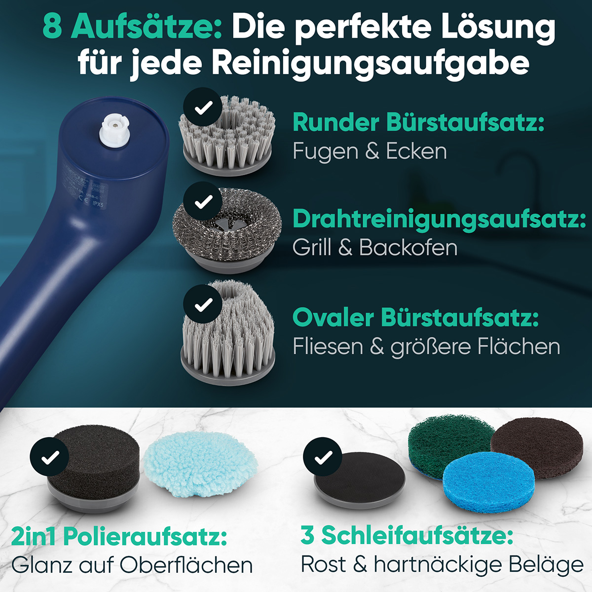 Das Bild zeigt Reinigungsaufsätze. Enthält Bürstenköpfe für Fugen, Grill, Fliesen und Polierpads. Text beschreibt ihre Verwendung.
