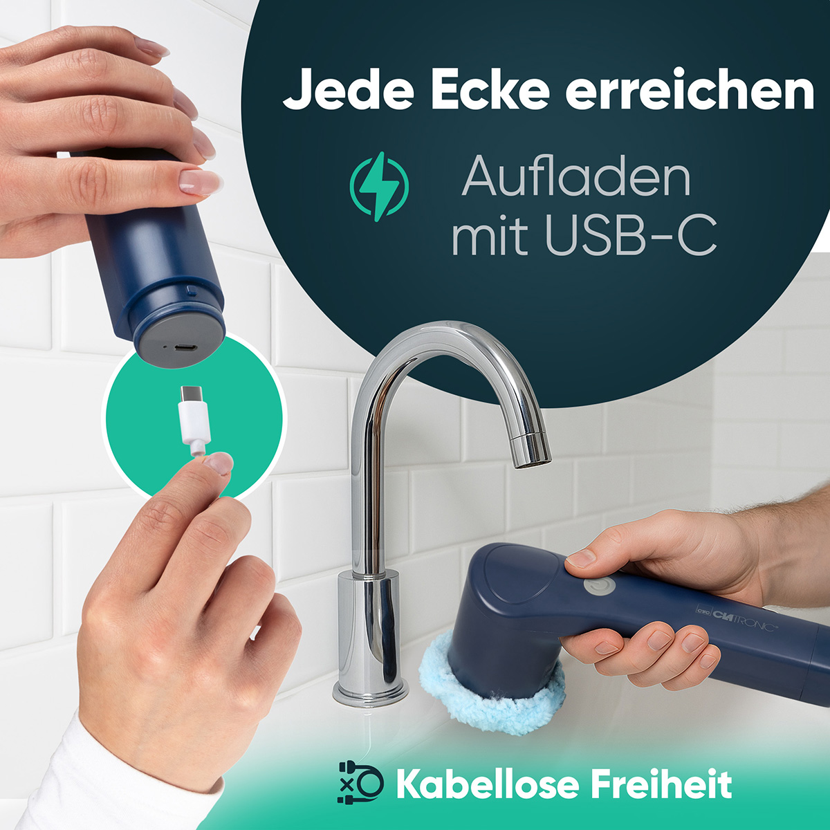 Hände halten eine blaue Reinigungsbürste, ein USB-C-Ladegerät und einen Wasserhahn. Text sagt 'Erreichen Sie jede Ecke' und 'Kabellose Freiheit'.