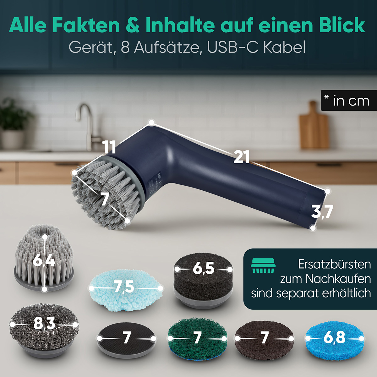 Eine elektrische Reinigungsbürste mit 8 Aufsätzen, Abmessungen in cm. Text lautet: Fakten und Inhalte auf einen Blick. USB-C-Kabel.