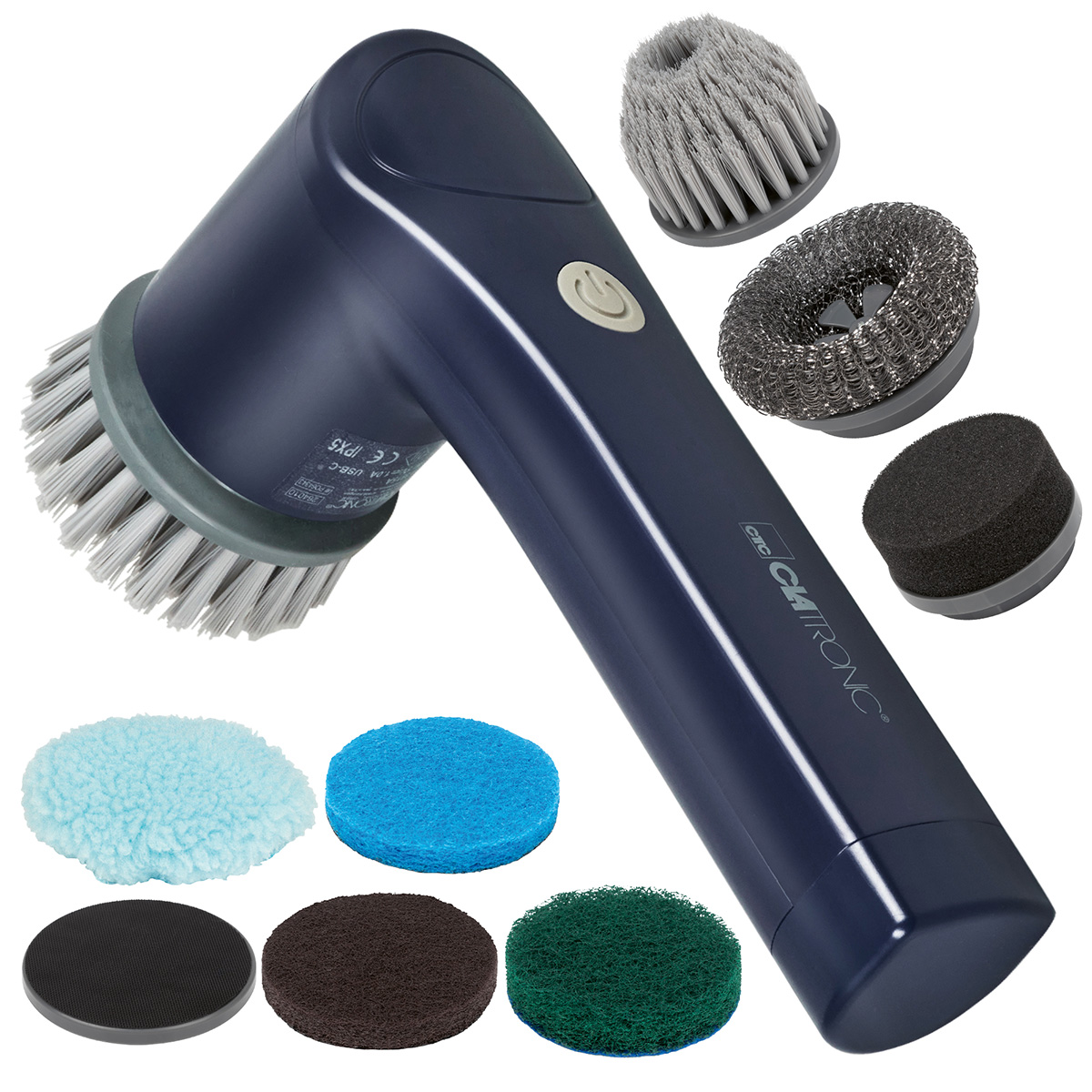 Eine blaue Reinigungsbürste mit verschiedenen Aufsätzen: Bürsten, Scheuerschwämme und Pads. Der Griff hat einen Einschaltknopf. Die Aufsätze sind rund.