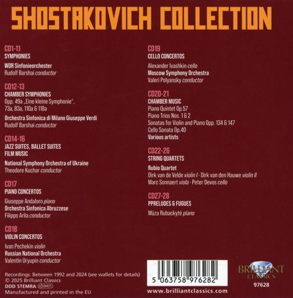 CD-Cover mit Text: Schostakowitsch-Sammlung, Auflistung von Musikkompositionen, Interpreten und dem Brilliant Classics-Logo.