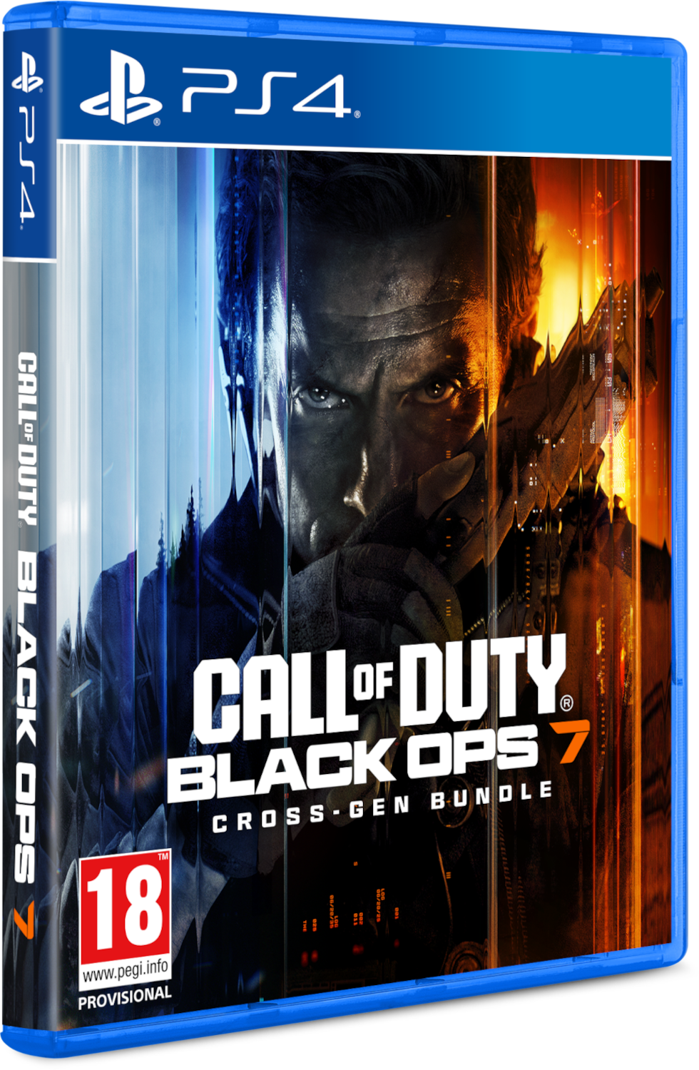 Call of Duty: Black Ops 7 játékborító, PS4. Egy fegyveres férfi van középen. A borító nagyrészt sötét, narancssárga ékezetekkel.