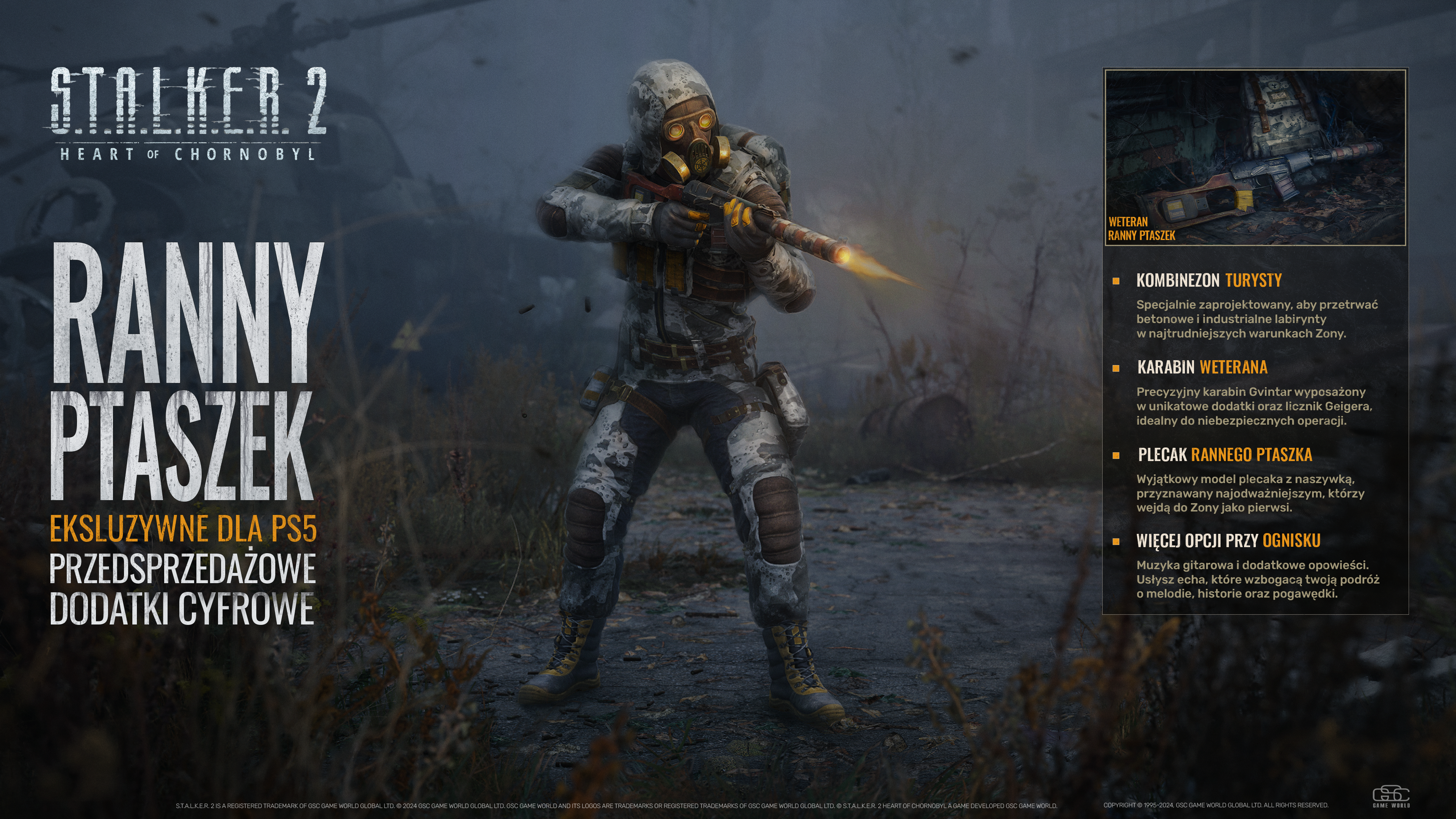 Postać w masce gazowej celuje z karabinu, z tytułem gry 'STALKER 2' i polskim tekstem 'RANNY PTASZEK'.