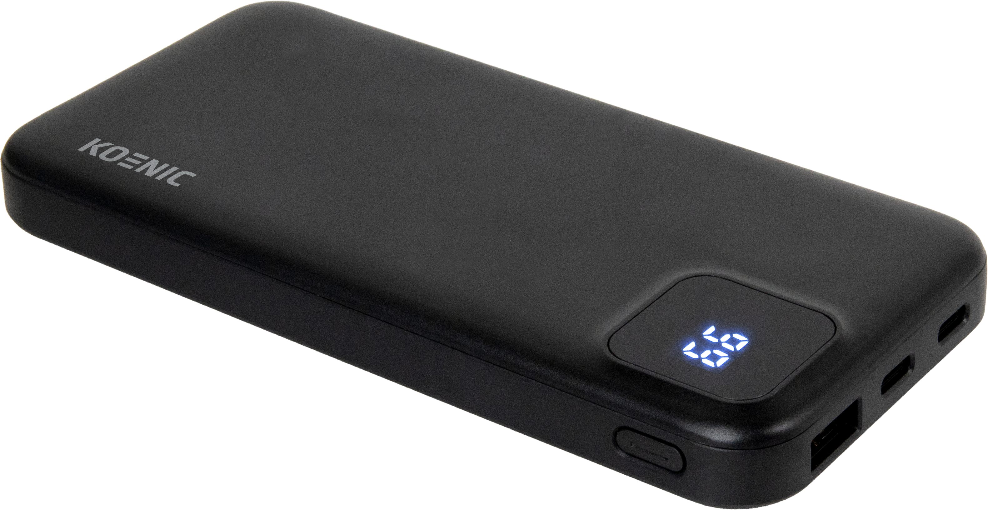 Eine schwarze Koenic Powerbank. Sie hat eine digitale Anzeige mit 69 %. Anschlüsse befinden sich an der Seite. Der Hintergrund ist schwarz.