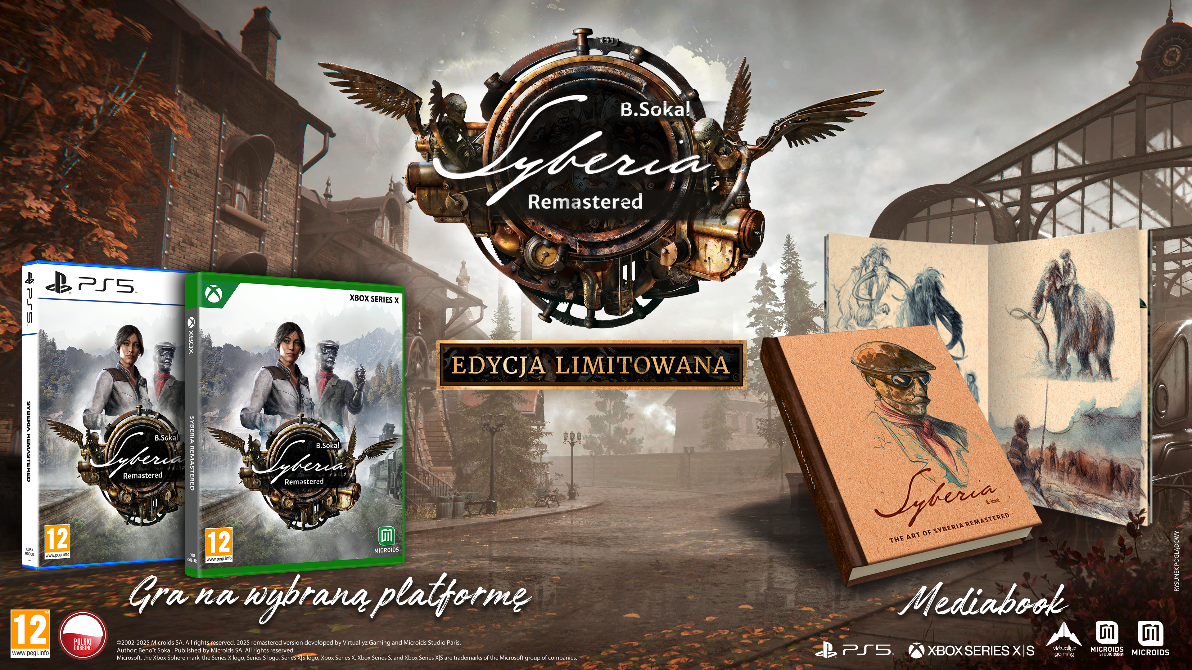 Obraz promocyjny dla Syberia Remastered. Wyświetlane są pudełka z grami, książka i szkice. W tle widać budynek i drzewa.